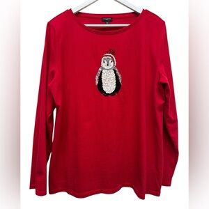 Talbots Women’s Red Long Sleeve Top with Penguin Design XLP sequins Christmas